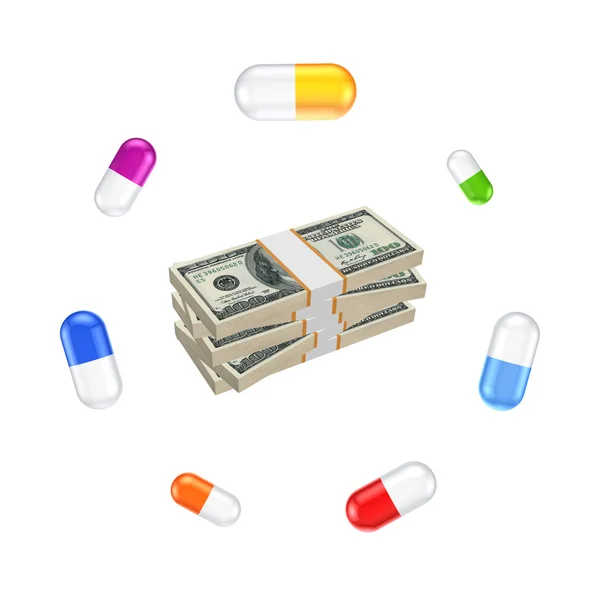 Kleurrijke pillen rond stapel dollar. — Stockfoto