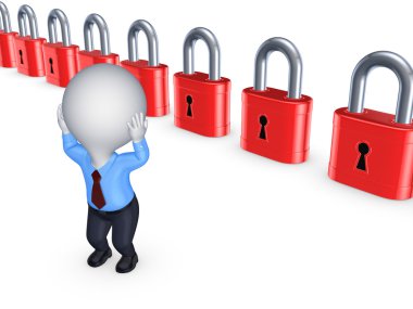 3D küçük kişi ve renkli kilitleri.