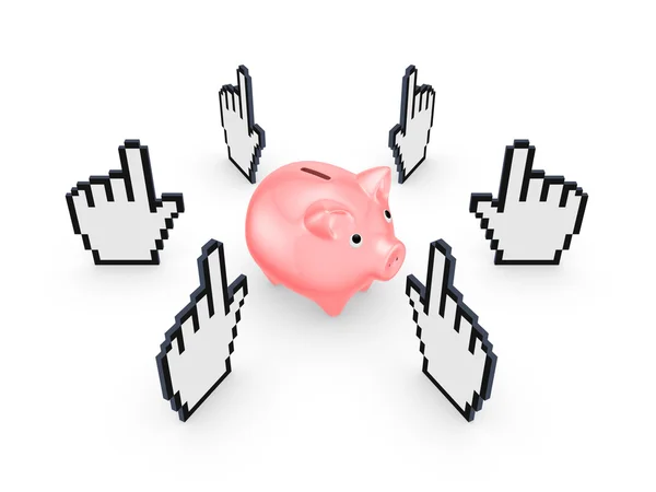 Cursors around pink piggy bank. — Stock Photo, Image