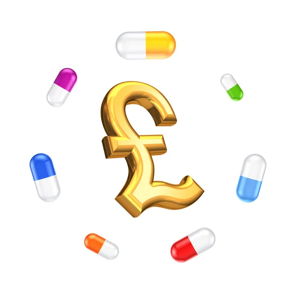 Colorful pills around sign of pound sterling. — Stock Photo, Image