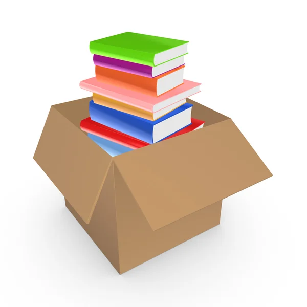 Colorful books in a carton box. — Stock Photo, Image