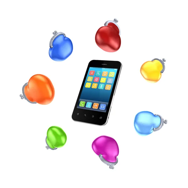 Bolsas coloridas em torno do telefone móvel . — Fotografia de Stock