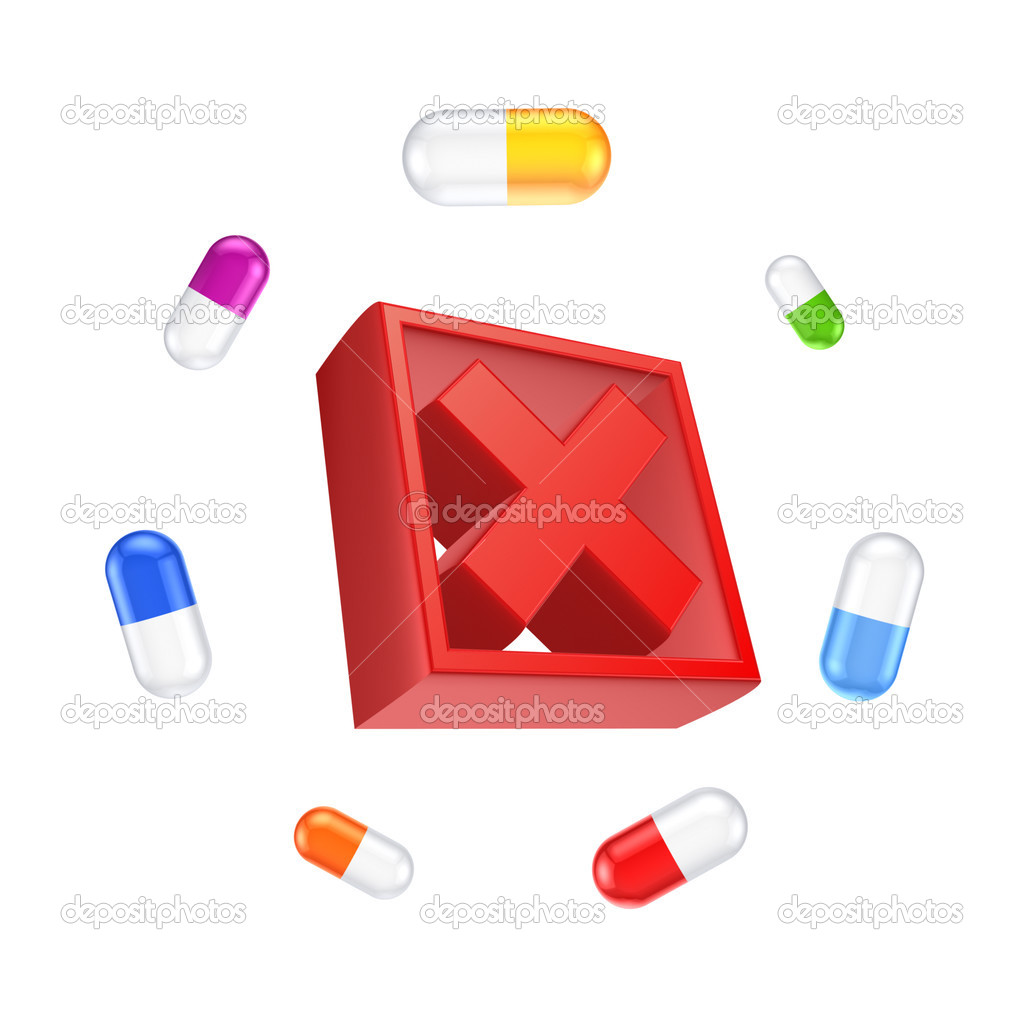 Colorful pills around red cross mark.
