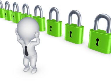 3D küçük kişi ve renkli kilitleri.