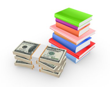 renkli kitaplar ve dolar yığını.