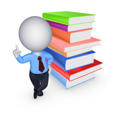 3D küçük kişi ve büyük renkli kitap yığını.