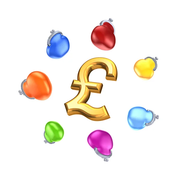 Colorful purses around symbol of pound sterling. — Stock Photo, Image