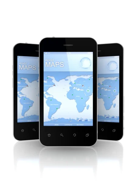 Mobile phones with GPS navigator on screen. — Stock Photo, Image