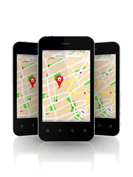 Mobile phones with GPS navigator on screen. — Stock Photo, Image