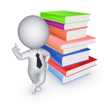 3D küçük kişi ve büyük renkli kitap yığını.