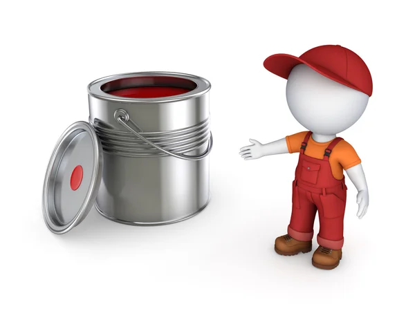 3d small person in workwear and paint can. — Stock Photo, Image