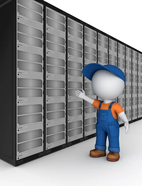 3D kleine Person in Arbeitskleidung in der Nähe des Servers. — Stockfoto