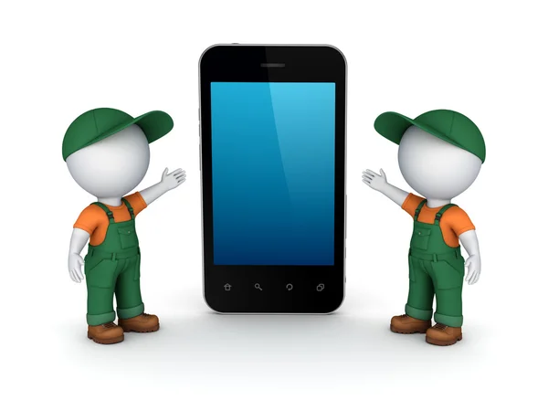 3D små människor i arbetskläder och mobiltelefon. — Stockfoto