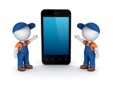 3d small people in workwear and cellphone. clipart