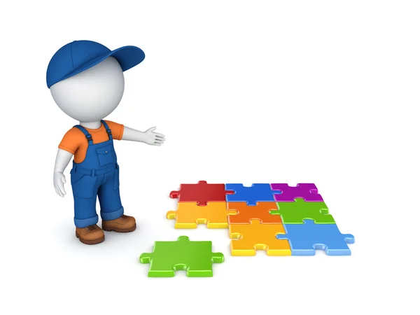 3D kleine Person in Arbeitskleidung und bunten Puzzles.. — Stockfoto