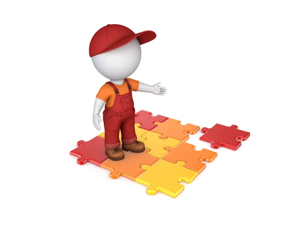 3D-kleine persoon in werkkleding en kleurrijke puzzels.. — Stockfoto
