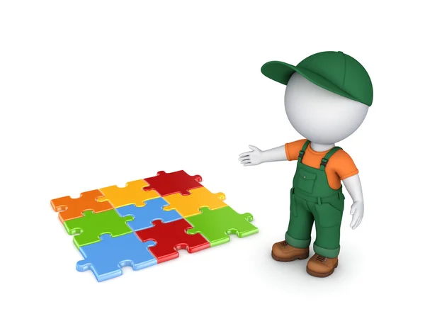 3d small person in workwear and colorful puzzles.. — Stock Photo, Image