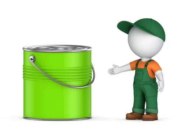 3d pequena pessoa em workwear e pintura pode . — Fotografia de Stock