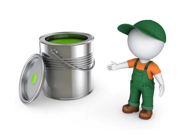3d small person in workwear and paint can. — Stock Photo, Image
