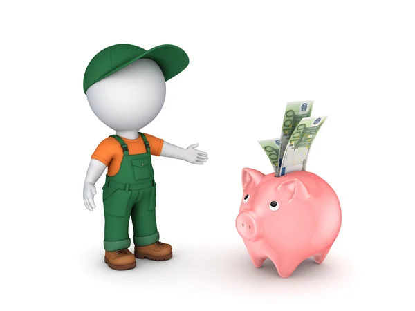 3d pequena pessoa em workwear e piggy-bank . — Fotografia de Stock