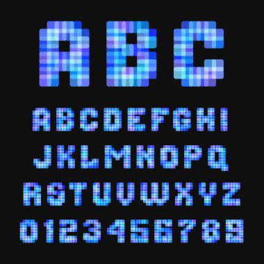 siyah arka plan üzerine modern neon piksel font.