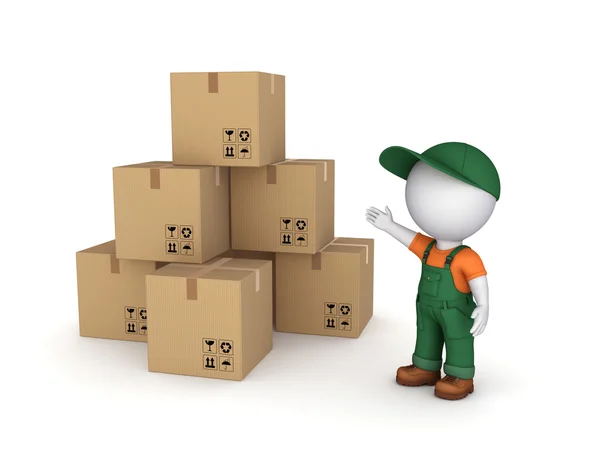 3d rendered small person and carton boxes. — Stock Photo, Image