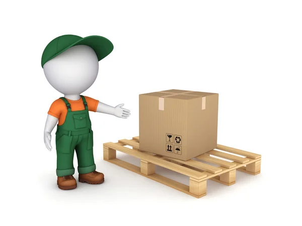 3D маленька людина в робочому одязі і картонній коробці . — стокове фото