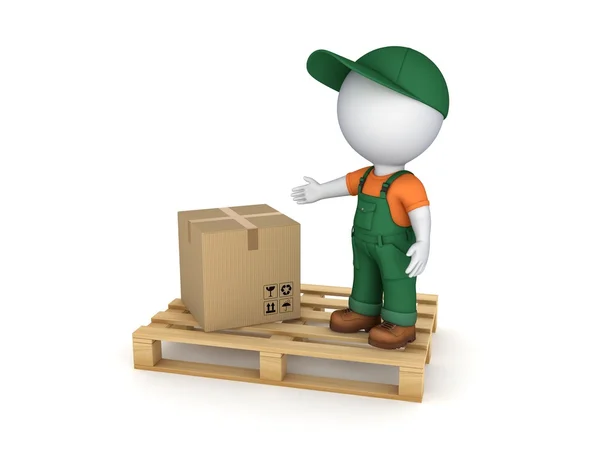 3D liten person i arbetskläder och kartong låda. — Φωτογραφία Αρχείου