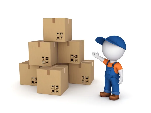 3d small person in workwear and carton boxes. — Stock Photo, Image