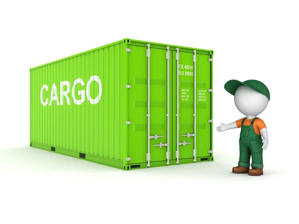 3D malý člověk v pracovní oděvy poblíž kontejner. — Stock fotografie