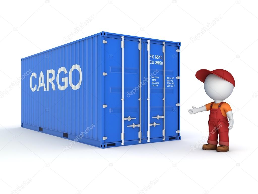 3d small person in a workwear near container.