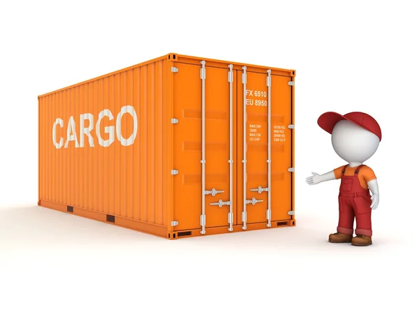 3d small person in a workwear near container. — Stock Photo, Image