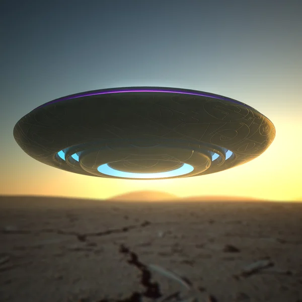 UFO spaceship in the desert spycam view — Stock Photo, Image