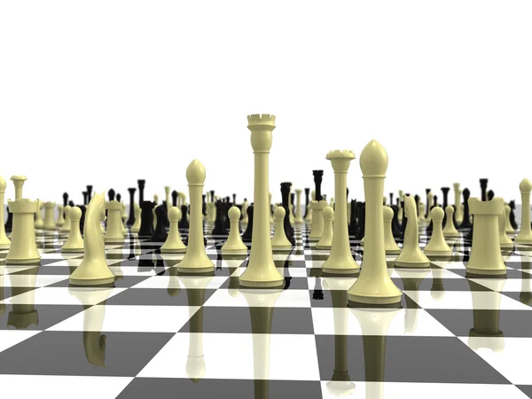 Oändlig schackbräde med en mängd schackpjäs — Stockfoto