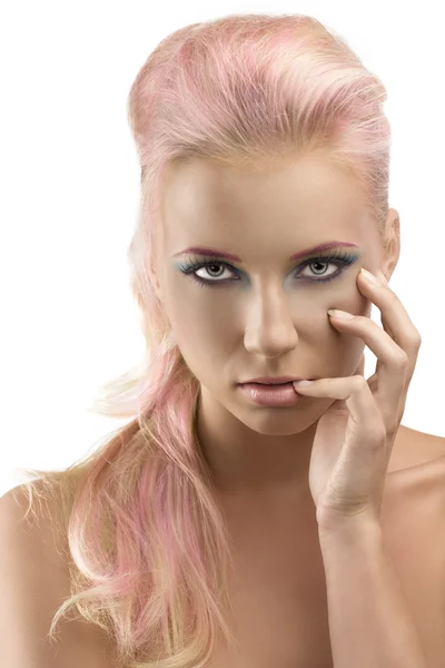 Blonde girl with coloured make-up and hand on the face — Stock Photo, Image