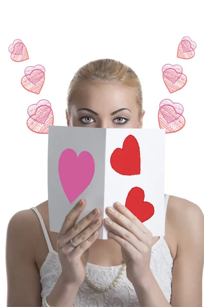 Blonde girl with valentine postcard forward the face — Stock Photo, Image