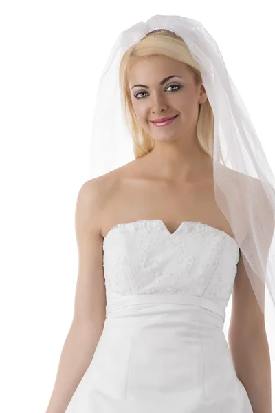 Blonde bride with veil smiles — Stock Photo, Image