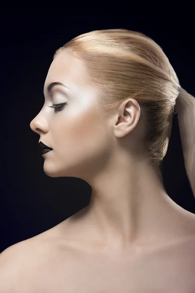 Blonde girl in profile with dark lipstick — Stock Photo, Image