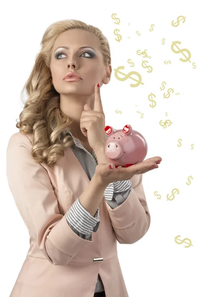 Woman thinking with piggybank — Stock Photo, Image