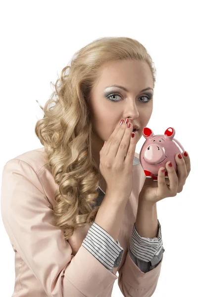 Woman speaking with piggybank — Stock Photo, Image