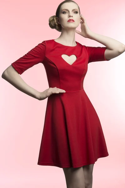 Girl with romantic red dress — Stock Photo, Image