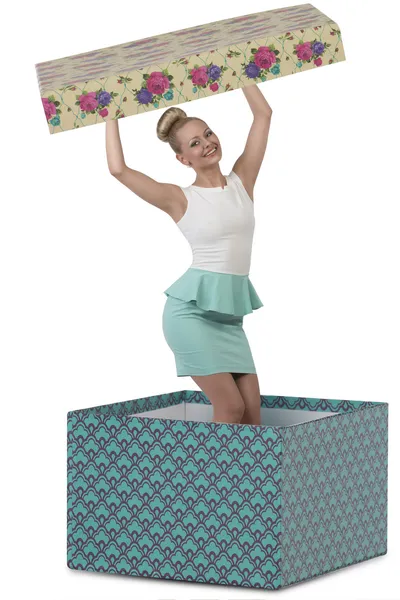 Woman inside big present — Stock Photo, Image