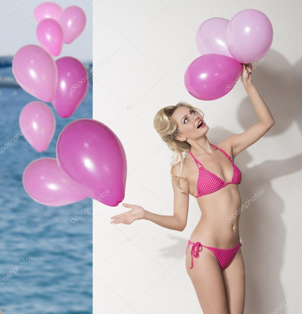 funny bikini girl with balloons 