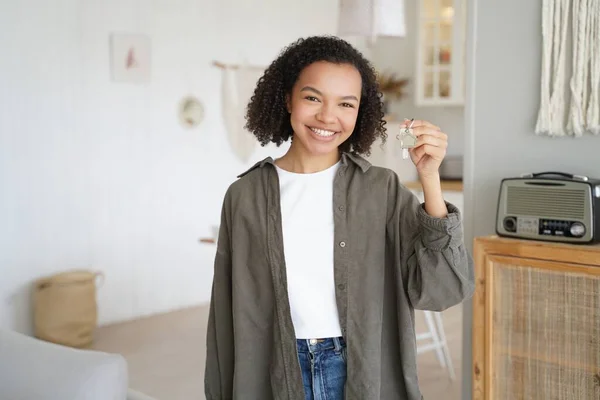 African American Young Girl Showing Keys First Own Apartment Smiling — Stock Fotó