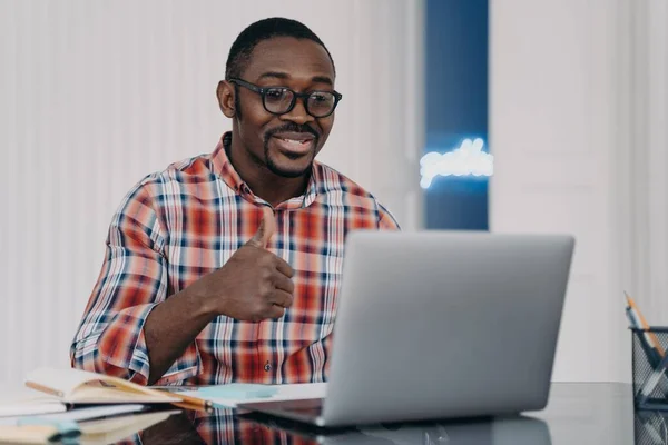African American Young Man Showing Thumb Gesture Looking Laptop Black — Zdjęcie stockowe