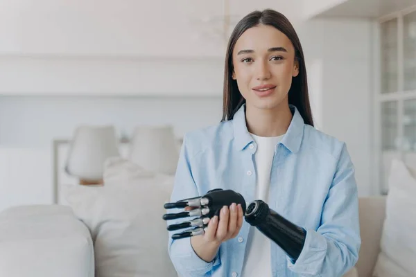 Happy Disabled Young Woman Assembling Bionic Limb Prosthesis Attractive Caucasian — Stok fotoğraf