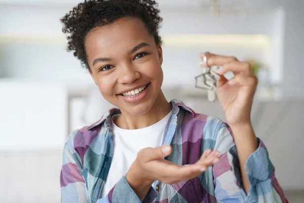 Happy Young Biracial Girl Showing Key New Home First House — Stock Fotó
