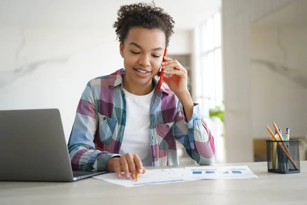 Young Mixed Race Teen Girl Discussing Homework Classmate Phone Sitting — Foto de Stock