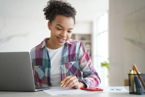 Happy Young Biracial Girl Student Learning Laptop Look Smartphone Screen — Foto de Stock