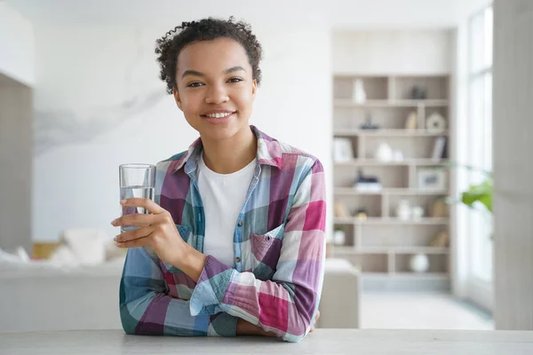 Happy African American Girl Drinks Pure Water Glass Gorgeous Young — Stock Fotó